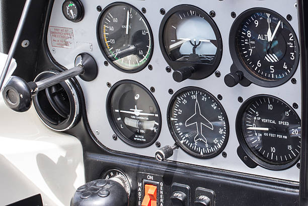 Private plane dashboard Close view of a small plane dashboard with its instruments. flight instruments stock pictures, royalty-free photos & images