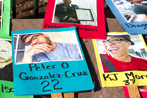 Santa Fe, USA - June 26, 2016: Posters memorializing some of the victims of the Orlando Nightclub Massacre, left as a tribute on the Santa Fe Plaza after the Gay Pride celebrations on June 25, 2016.