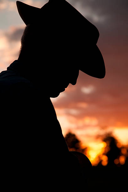 istock Cowboy: Silhouette rancher, farmer overlooking field after rainstorm at sunset. 543064698