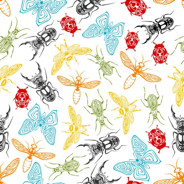Vector illustration of Tribal insects seamless pattern background