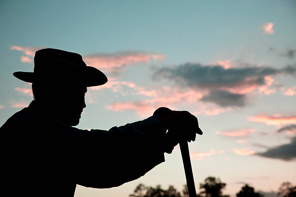 Cowboy, rancher, or farmer overlooking his crops, field after a rain storm at sunset. He is using a shovel as he stands silently on a hill.  Dramatic sky.  Pine tree.   Silhouette.