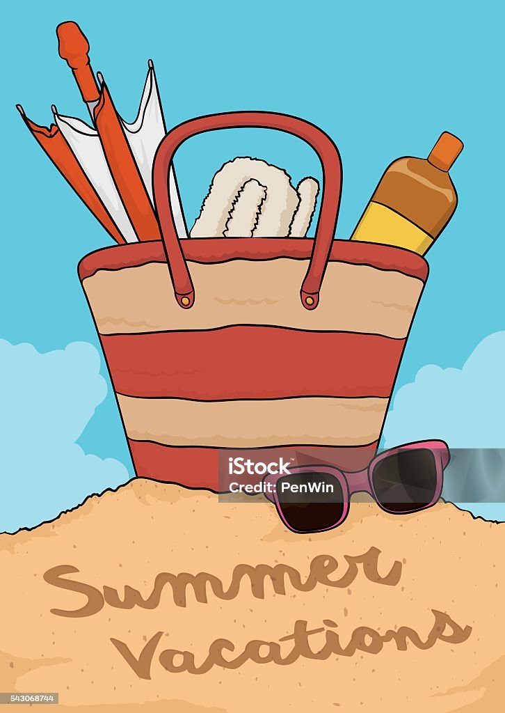 Summer view of Beach Summer vacations on the beach with summer elements: beach purse, umbrella, sun lotion, towel and sunglasses in the sand. Bag stock vector