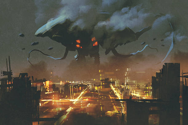 Alien monster invading night city sci-fi scene,Alien monster invading night city, illustation paining alien invasion stock illustrations