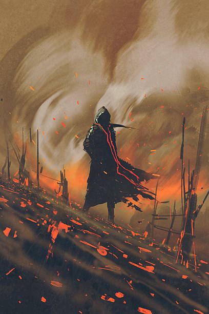 illustrazioni stock, clip art, cartoni animati e icone di tendenza di uomo in nero in piedi contro la foresta in fiamme avere - uomo incappucciato