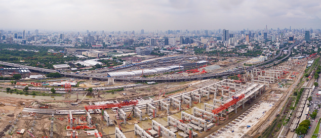 aerial view of mega project of sky trains and land transportation in heart of bangkok thailand