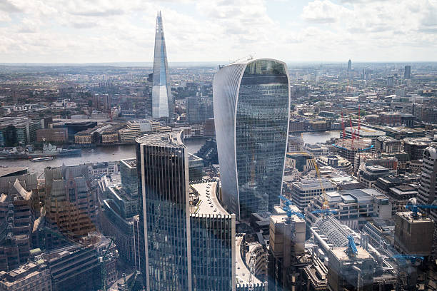 London in England, UK Architectural delights on either side of the River Thames, including the Walkie-Talkie (20 Fenchurch Street) in the foreground and The Shard in the background. 20 fenchurch street photos stock pictures, royalty-free photos & images