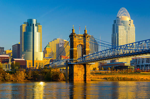 Cincinnati Skyline, Bridge and River Closeup at Sunrise Downtown Cincinnati skyline closeup view including the Roebling Suspension Bridge, during sunrise / early morning. ohio river photos stock pictures, royalty-free photos & images