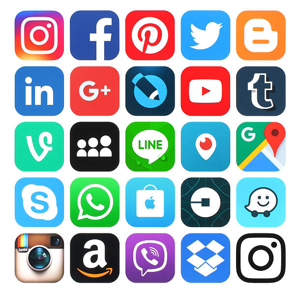 Popular social media icons printed on white paper Kiev, Ukraine - May 25, 2016: Popular social media icons such as: Facebook, Twitter, Blogger, Linkedin, Tumblr, Myspace and others, printed on white paper. social networking stock pictures, royalty-free photos & images