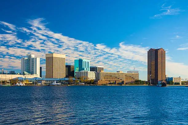 Downtown Norfolk skyline with the Elizabeth River in the foreground.  Norfolk is part of the Hampton Roads / Virginia Beach area.