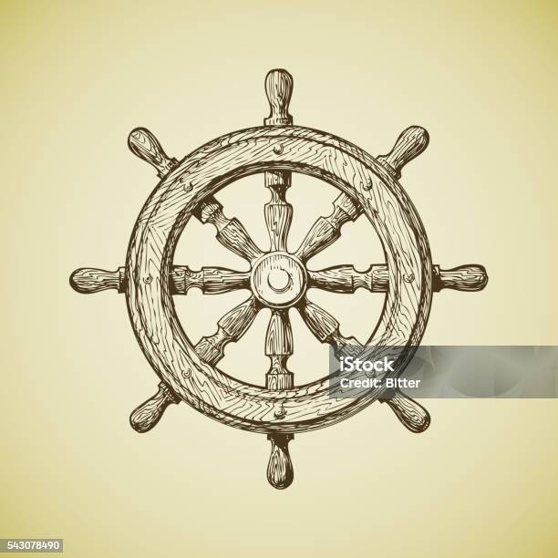 Handdrawn Vintage Ships Wheel In The Oldfashioned Style Stock Illustration - Download Image Now