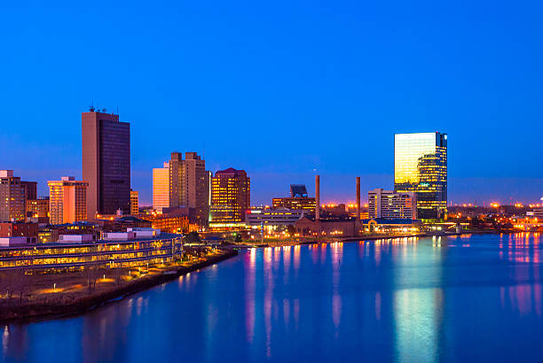 istock Toledo skyline and Maumee River Aerial at Dusk 543080116