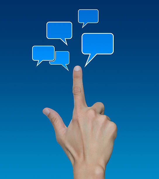 istock Hand point to social chat sign, Social network concept 543080786