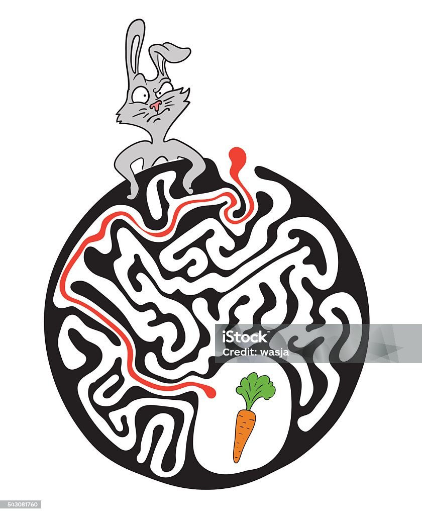 Maze puzzle for kids with rabbit and carrot. Labyrinth illustration Vector maze puzzle for kids with rabbit and carrot, labyrinth illustration with solution. Abstract stock vector