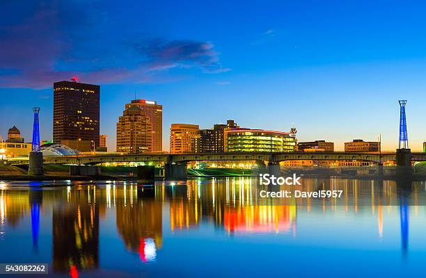 Dayton Downtown Skyline With River At Dusk Stock Photo - Download Image Now - Dayton - Ohio, Ohio, Urban Skyline