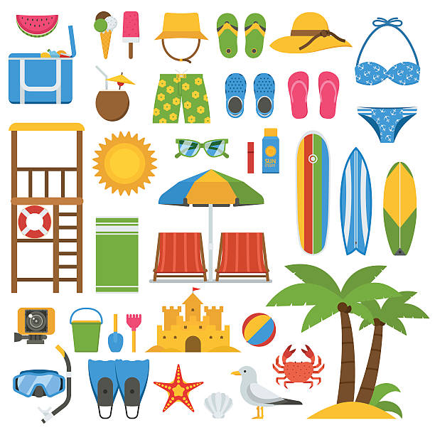 ilustrações de stock, clip art, desenhos animados e ícones de verão praia conjunto de item de - slipper beach backgrounds sea