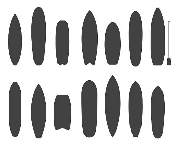 Surfboard Types Outline Icons Outline surfboard collection. Flat design vector various surf desk icon set. Surfing desks and boards different types silhouettes. Surfdesks vector icons isolated on white background. surf boards stock illustrations