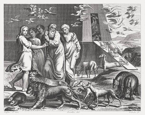 noah und der arche seiner familie zu verlassen (genesis 8) - altes testament stock-grafiken, -clipart, -cartoons und -symbole