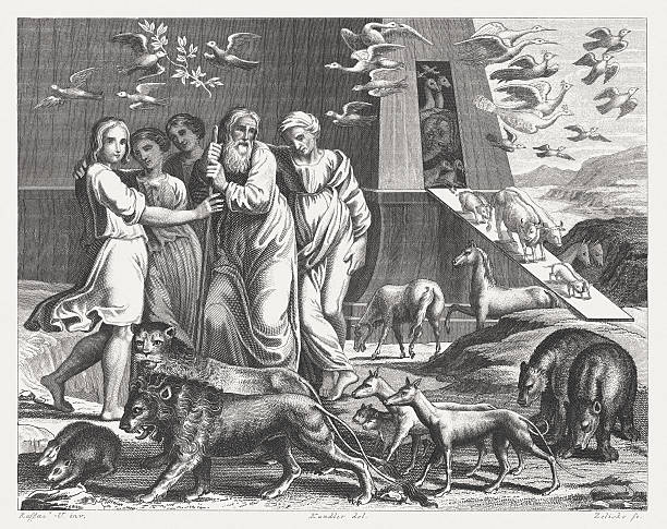 Noah and his family leaving the ark (Genesis 8) Noah and his family leaving the ark (Genesis 8). Steel engraving after the frescoes by Raphael (Italian painter, 1483 - 1520) in the Loggia at the Vatican (Apostolic Palace), published in 1841. ark stock illustrations