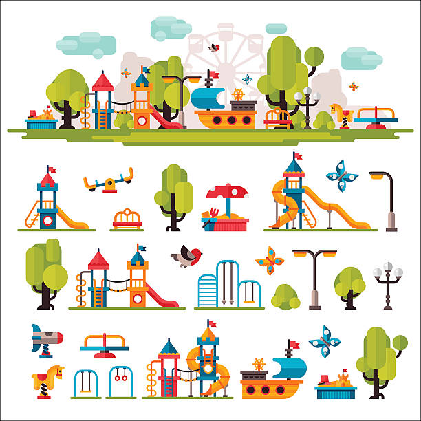 illustrazioni stock, clip art, cartoni animati e icone di tendenza di parco giochi per bambini disegnato in stile piatto - parco giochi