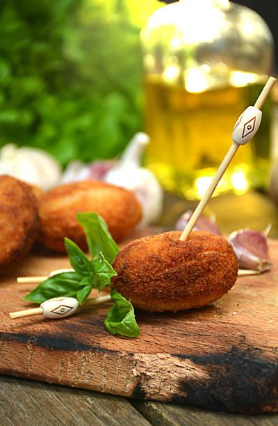 plate full of home-made croquettes of ham stock photo