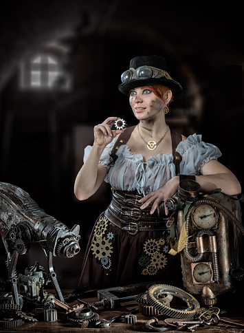 Steam-punk girl with her mechanical cat