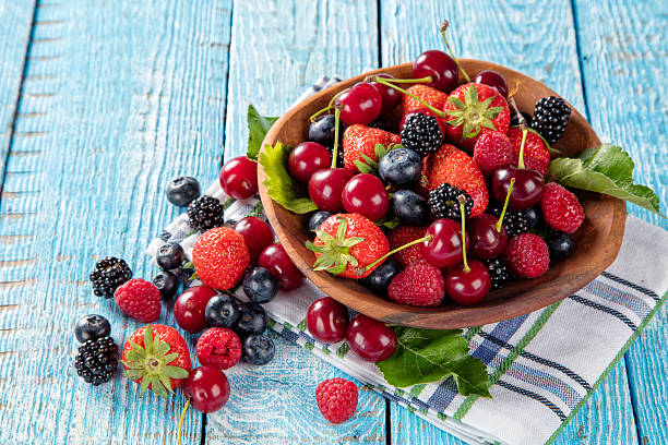 istock Berry fruit in saucer placed on old wooden planks 543175168