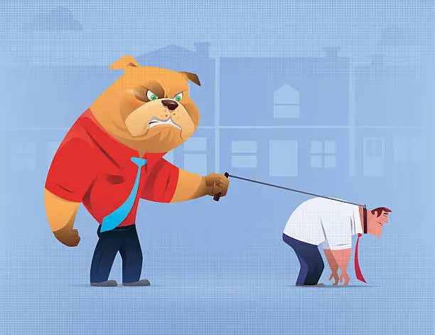 Vector illustration of angry dog with sad businessman
