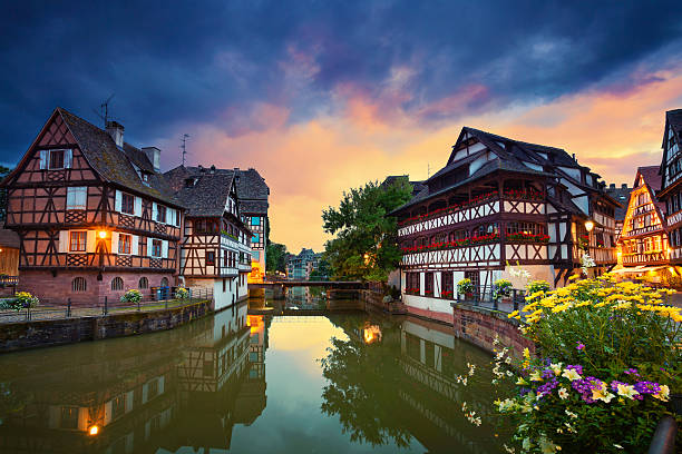 Strasbourg. Image of Strasbourg old town during dramatic sunset. La Petite France stock pictures, royalty-free photos & images