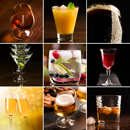 A collage of pictures of alcoholic beverages (dark background)