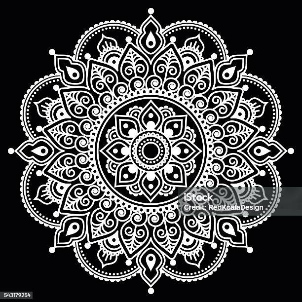 Mehndi Indian Henna Tattoo White Pattern On Black Background Stock Illustration - Download Image Now