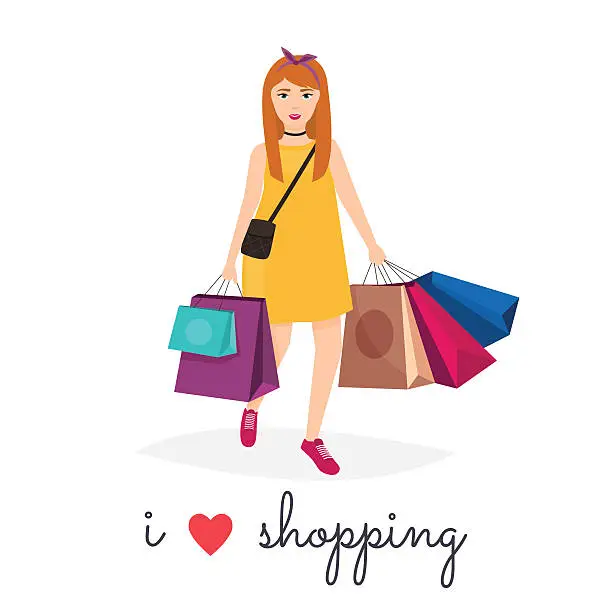 Vector illustration of Woman shopping and holding bags. I love shopping. Fashion Shoppi