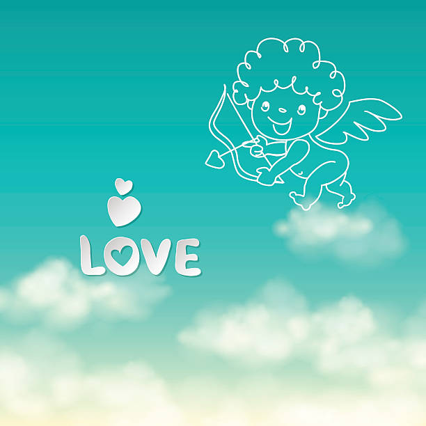 Shooting from bow Cupid and the word Love on the vector art illustration