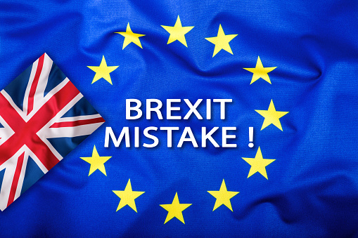 Brexit. Brexit mistake. Flags of the United Kingdom and the European Union. UK Flag and EU Flag. British Union Jack flag. Flag outside stars. England appearances in the European UnionBrexit. Brexit mistake. Flags of the United Kingdom and the European Union. UK Flag and EU Flag. British Union Jack flag. Flag outside stars. England appearances in the European Union