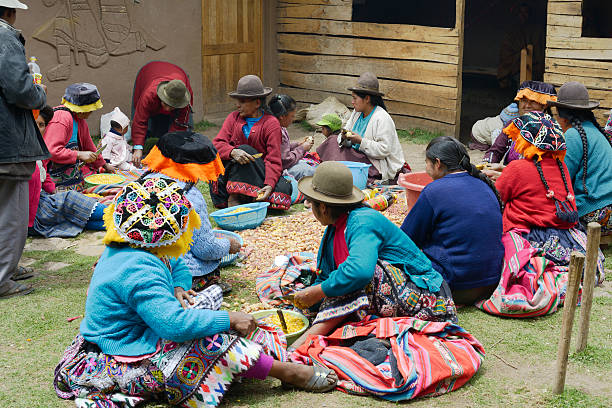 Paru Paru, Peru - October 22, 2012: Indigenous women cutting potatoes for a local wedding ceremony