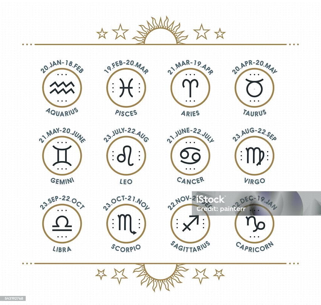 Zodiac icon collection. Vector collection. Zodiac icon collection. Sacred symbols set. Vintage style design elements of horoscope and astrology purpose. Thin line signs isolated on bright dotted background. Vector collection. Astrology Sign stock vector