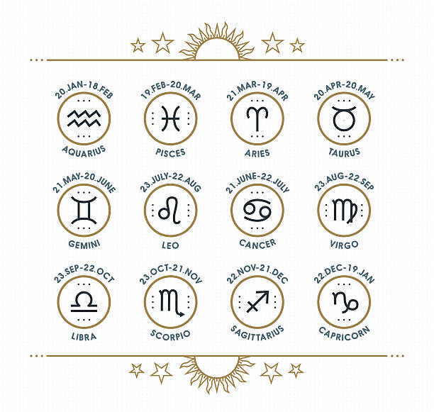 Zodiac icon collection. Vector collection. Zodiac icon collection. Sacred symbols set. Vintage style design elements of horoscope and astrology purpose. Thin line signs isolated on bright dotted background. Vector collection. astrology sign stock illustrations