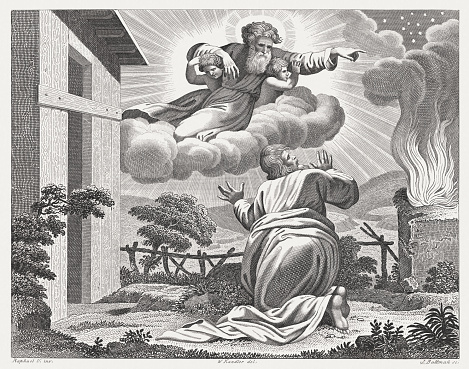 The Lord took him outside and said, “Gaze into the sky and count the stars – if you are able to count them!” Then he said to him, “So will your descendants be.” (Genesis 15, 5). Steel engraving after the frescoes by Raphael (Italian painter, 1483 - 1520) in the Loggia at the Vatican (Apostolic Palace), published in 1841.