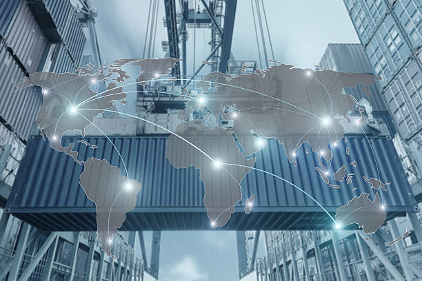 mappare la connessione partner globale della nave merci container cargo - nautical vessel business cargo container shipping foto e immagini stock