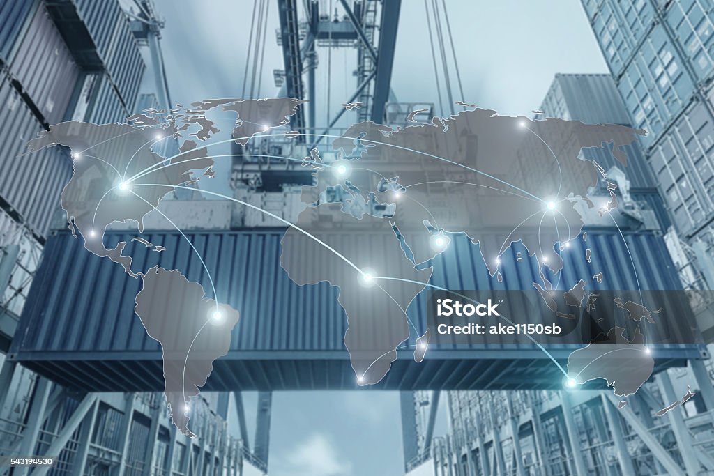 Map global partner connection of Container Cargo freight ship Import, Export, Logistics concept - Map global partner connection of Container Cargo freight ship for Logistic Import Export background (Elements of this image furnished by NASA) Freight Transportation Stock Photo