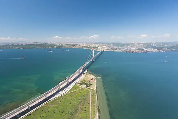 Aerial View Construction of The Osman Gazi Bridge (İzmit Körfez Köprüsü) izmit,Turkey