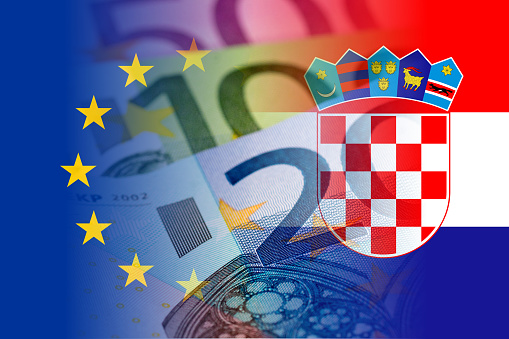 eu and croatia flag with euro banknotes mixed image