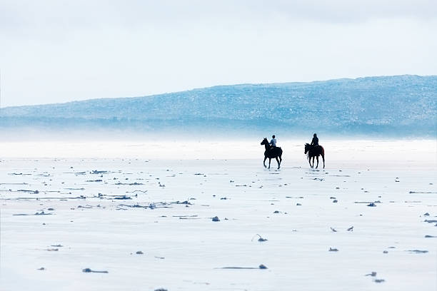 Beautiful remote beach with two horseriders. Wintry blue tones. Two women, riding horses on a beautiful, deserted beach on a winter's afternoon. The light and haze create an almost monochome blue-toned effect, naturally. Ample copy space. kommetjie stock pictures, royalty-free photos & images