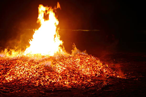 cinzas grande destaque e queimando brasas flamejantes fogueira no verão - arson black bright burning - fotografias e filmes do acervo