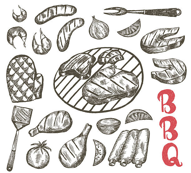 그릴 스케치 음식 설정합니다. 바베 큐 음식은 소시지, 립, 새우요. - cooked chicken sketching roasted stock illustrations
