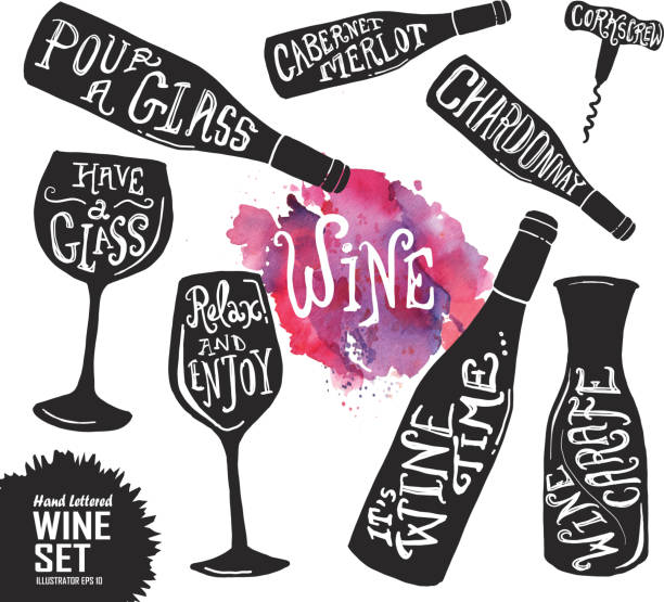 illustrazioni stock, clip art, cartoni animati e icone di tendenza di mano con lettere gruppo di bicchieri e bottiglie di vino - bicchiere da vino illustrazioni