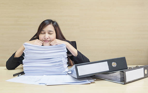 istock Closeup happy working woman sleeping after she finish her work 543202460