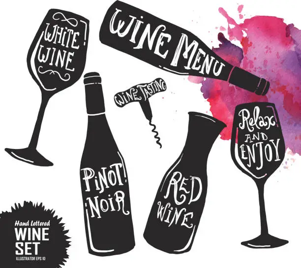 Vector illustration of Hand lettered set of wine glasses and bottles
