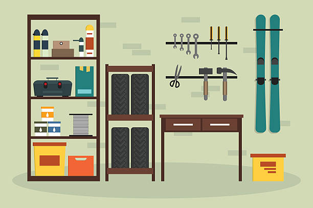 ilustrações, clipart, desenhos animados e ícones de tv garagem interna. - hand tool box white background work tool