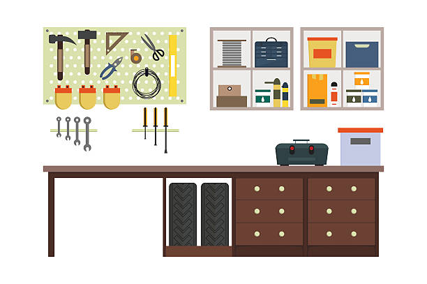 ilustrações, clipart, desenhos animados e ícones de tv garagem interna. - hand tool box white background work tool