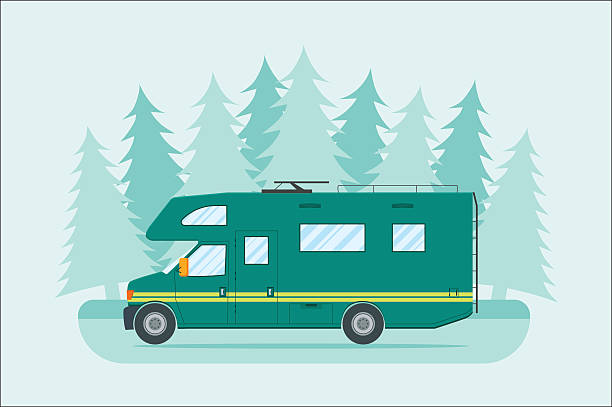 Modern flat camper van Modern flat camper van. Car for family travel. Concept of outdoor recreation and travel around the world. Poster, card, leaflet or banner template design with place for text. Vector illustration. film trailer music stock illustrations